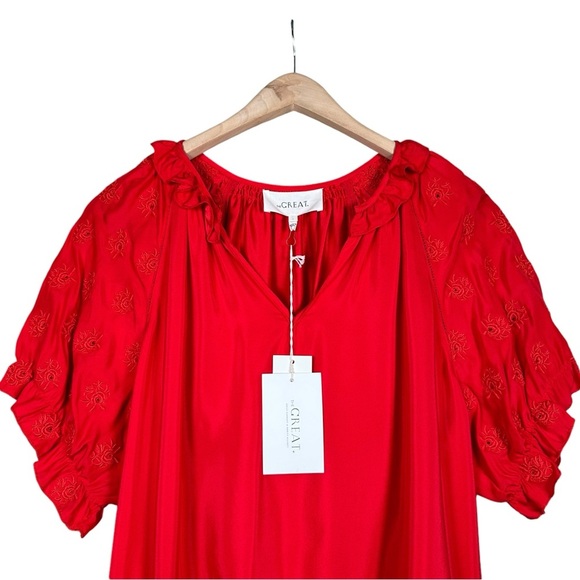 THE GREAT. The Wish Silk Embroidered Top in valentine red - Picture 4 of 11
